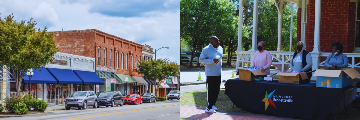 downtown street and volunteer table